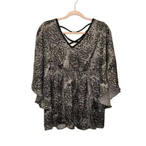 Aggie 1X Sheer Animal Print Blouse Flowy Bell Sleeve Criss Cross Neck
